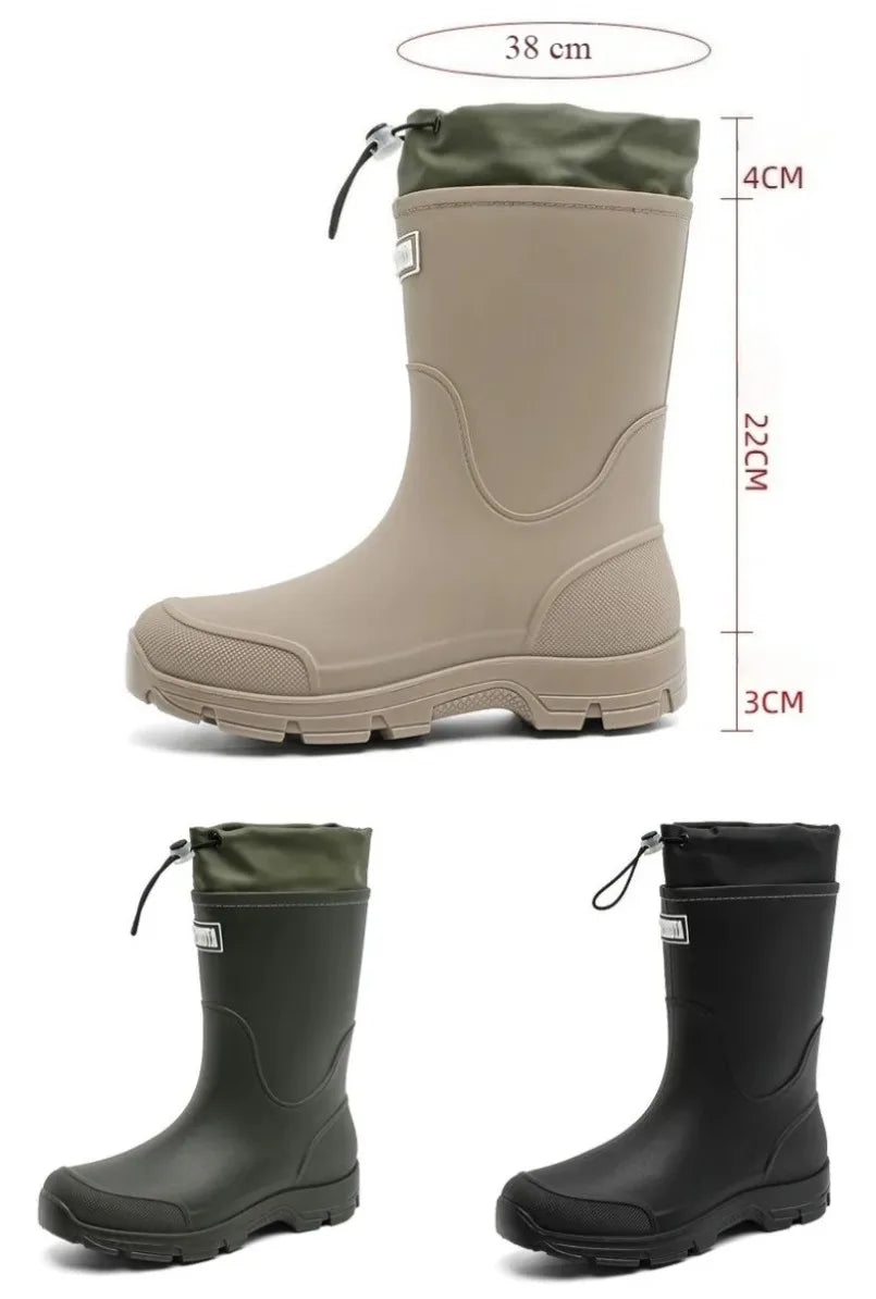 Women's mid-calf rain boots, beige and black options, rubber with drawstring cuff