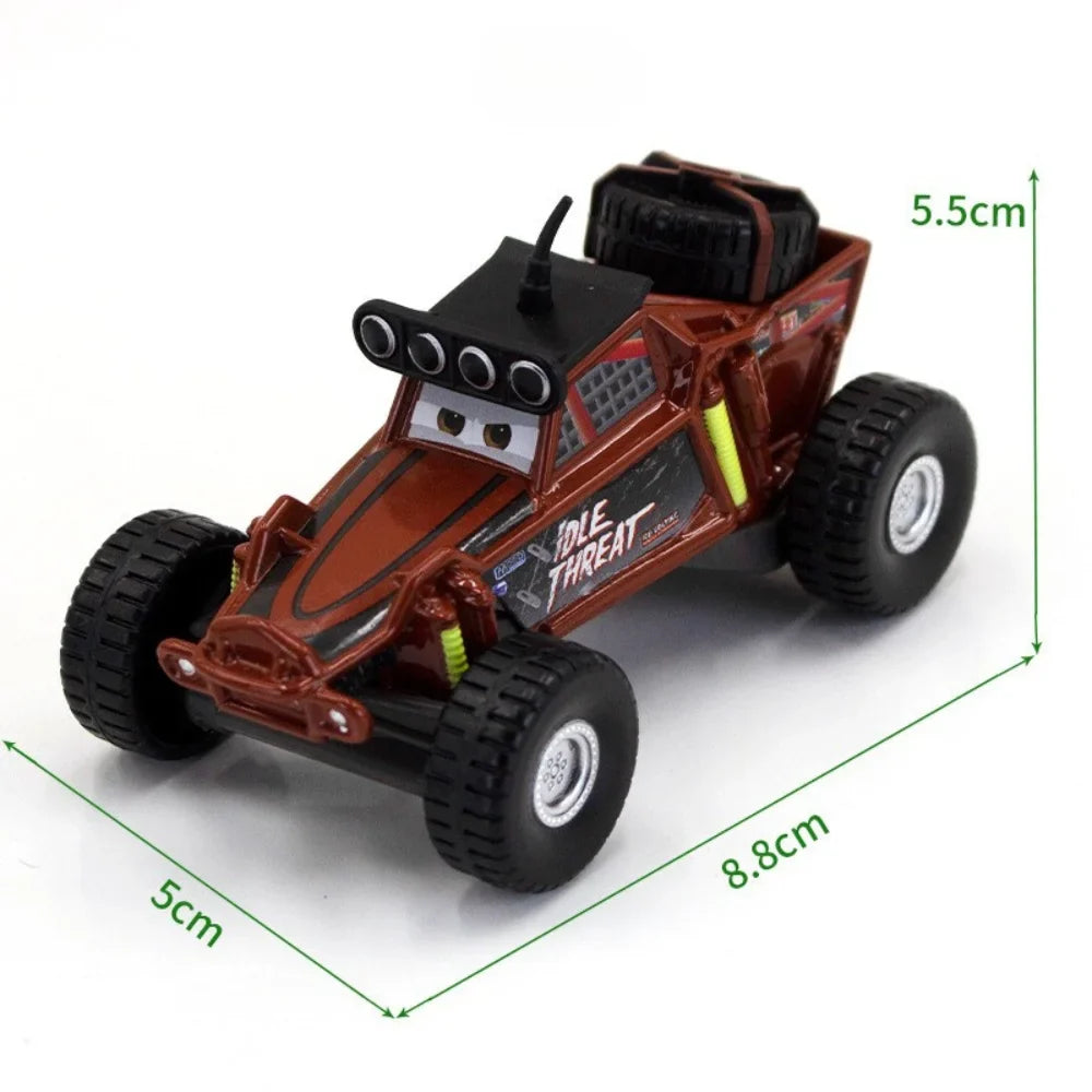 Diecast racing car model toy with brown chassis, cartoon eyes, and four chunky wheels