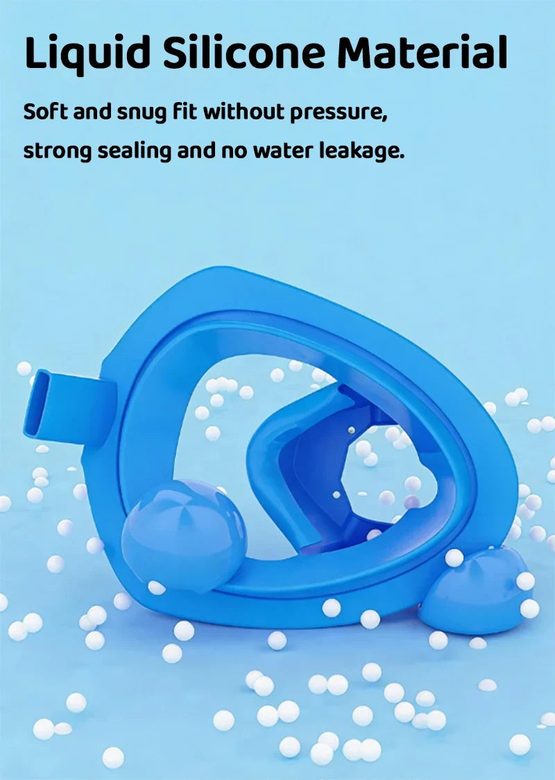 Blue full-face snorkel mask with soft silicone seal and vented design