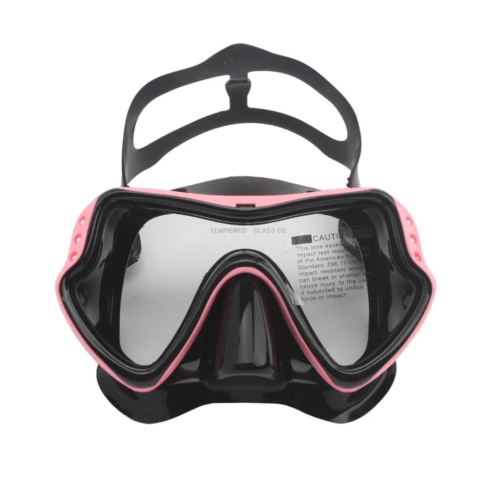 Black diving goggles with pink trim and clear tempered lenses