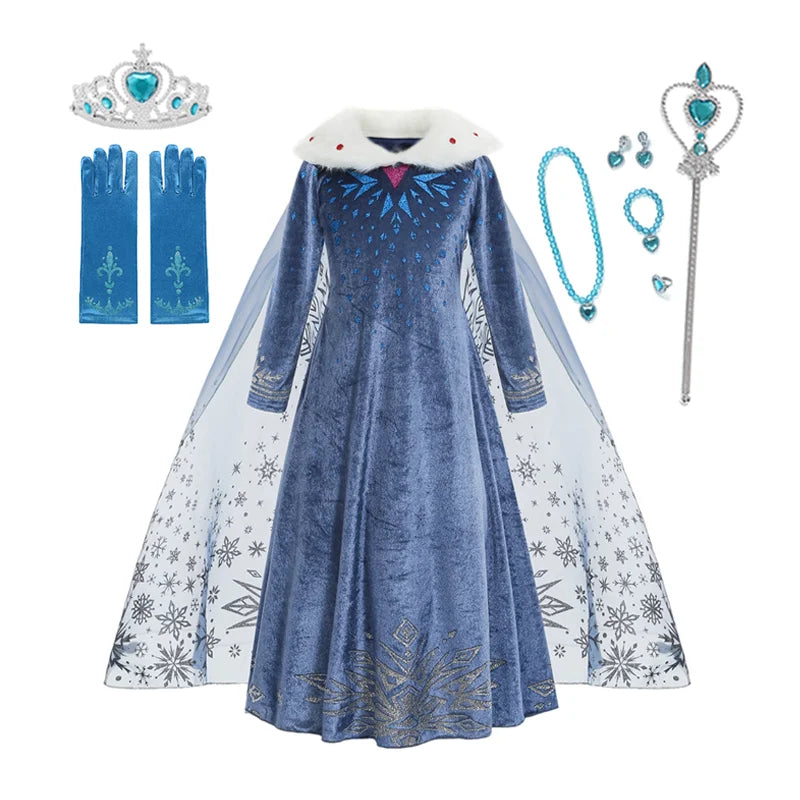 Girls long-sleeve blue princess dress with white fur collar and snowflake printed overlay