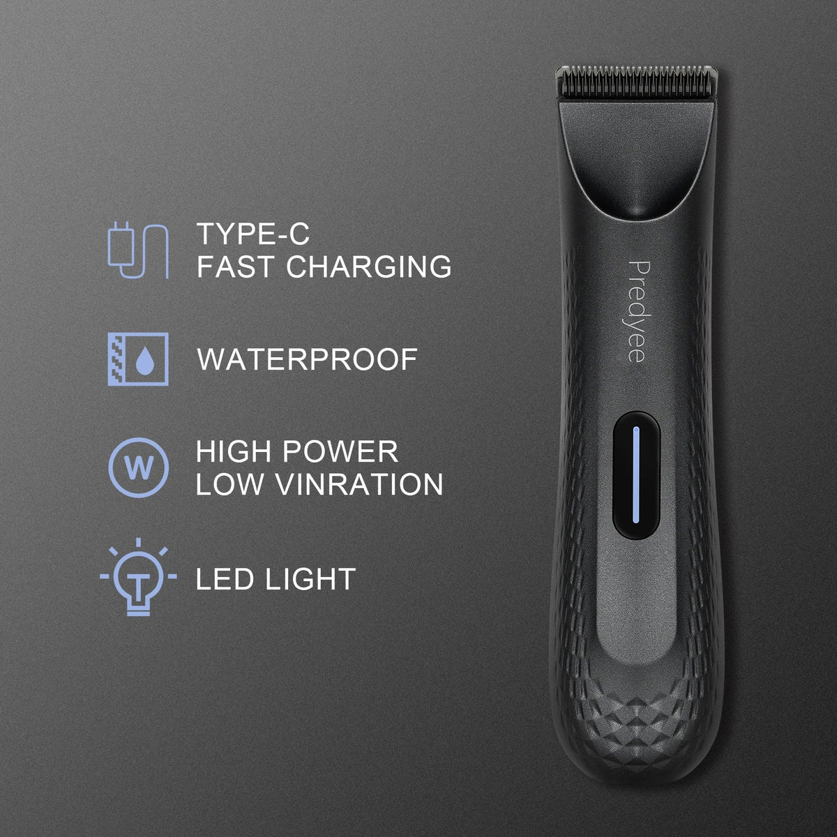 Dark gray electric grooming trimmer with textured grip and charging indicator opening