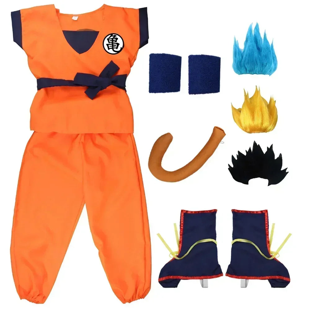 Orange martial arts costume set with navy V panel, bow belt, and matching pants