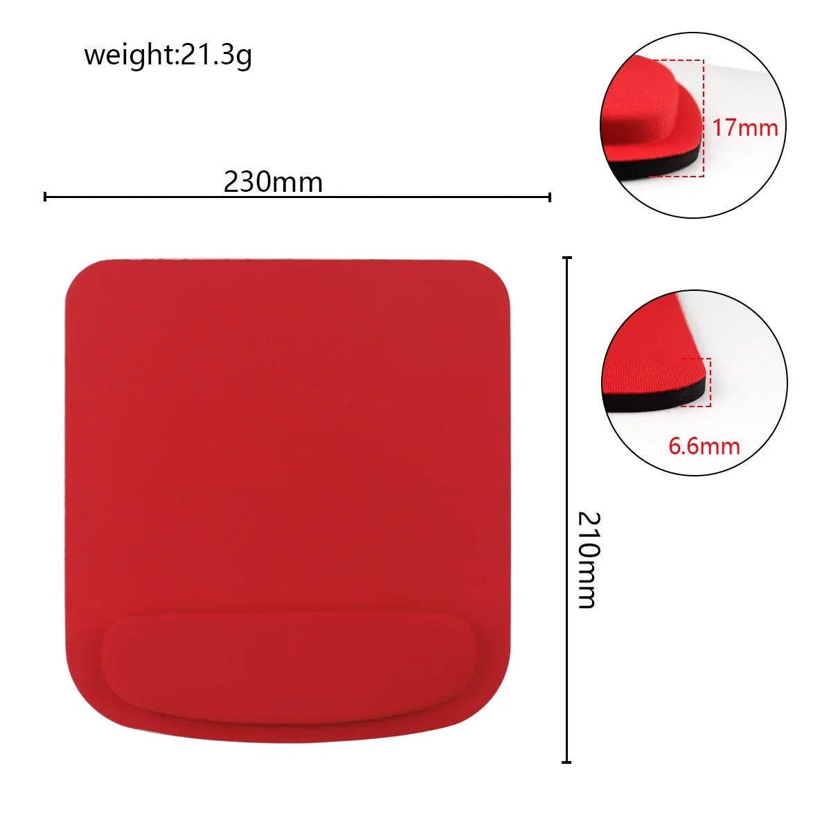 Red ergonomic mouse pad with padded wrist rest and rounded rectangular shape