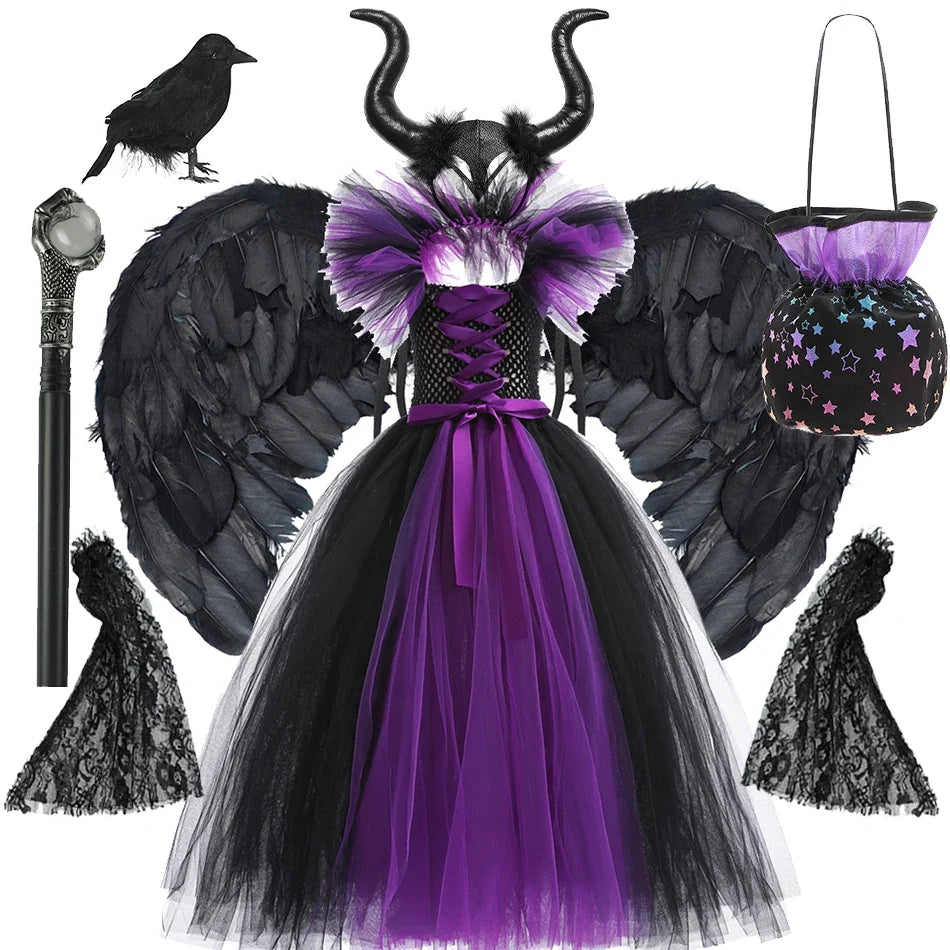 Girls black and purple tulle dress with lace-up bodice and black wing sleeves