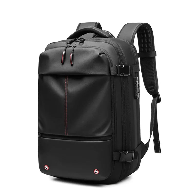 17-inch laptop backpack in black with front flap, zipper pocket, and adjustable side straps.
