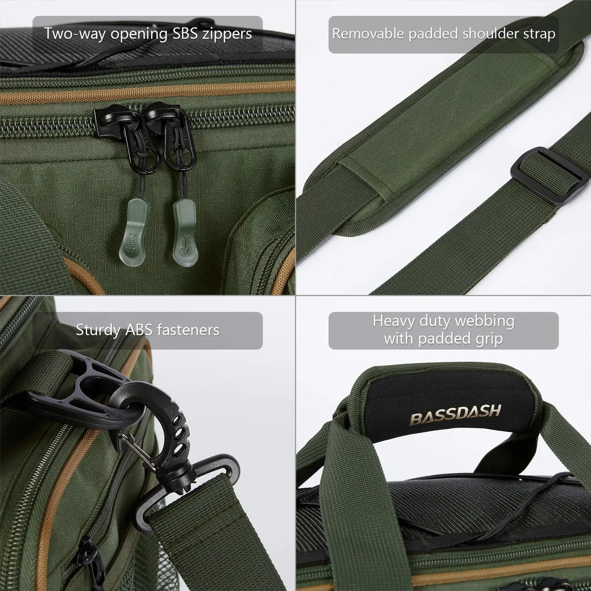 Waterproof tackle bag closeups: dual zippers, padded shoulder strap, heavy-duty webbing
