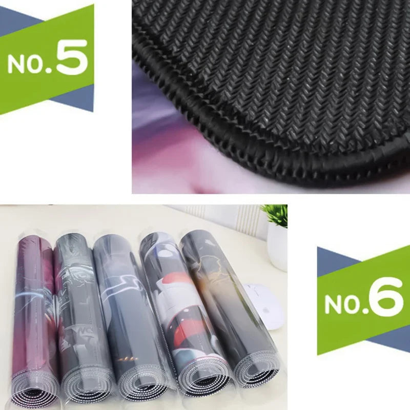 Set of rolled XXL gaming mouse pads, multiple colorful designs with stitched borders