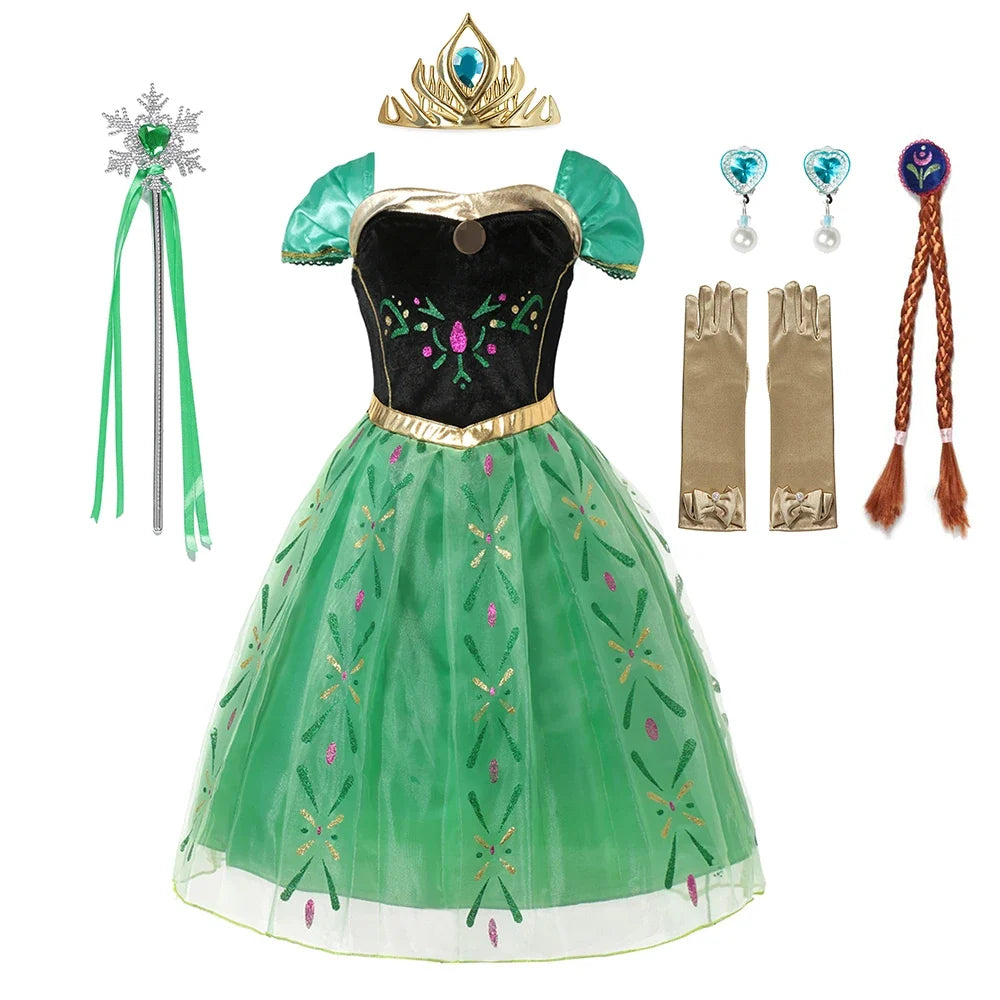 Green princess dress with embroidered black bodice and flared tulle skirt.