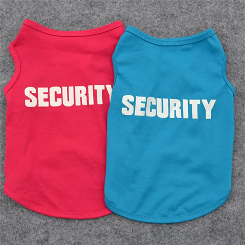 Two dog security t-shirts: red and blue, both with SECURITY text