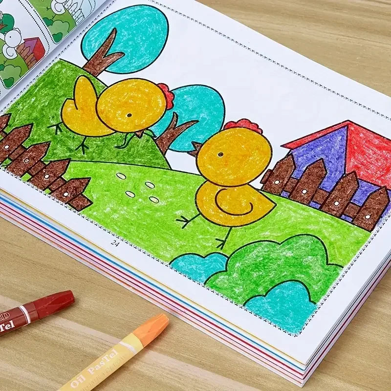 Kids coloring book open page with three yellow birds over green field and blue sky