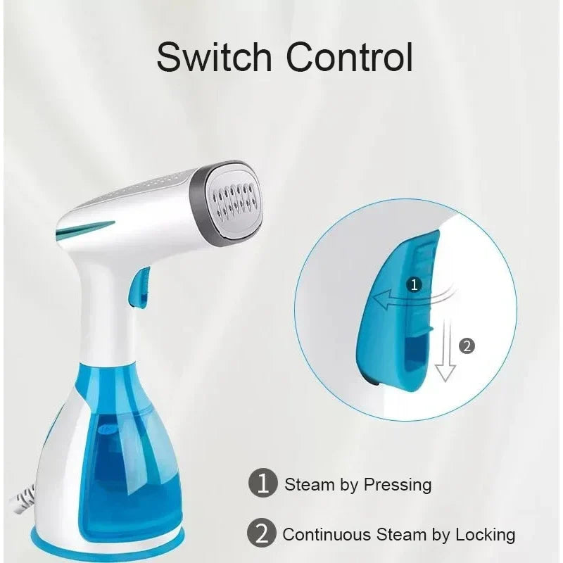 Handheld fabric steamer switch control for pressing steam and locking continuous steam