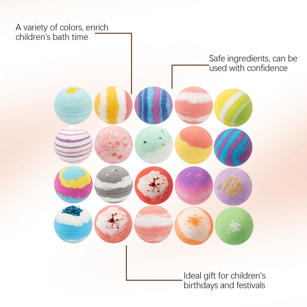 Variety pack of colorful round bath bomb balls for kids' bath time