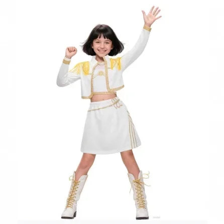 Girls white and gold cosplay dress with lace bib, layered skirt, and gold-tied boots