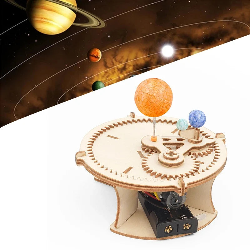 Solar system wooden puzzle kit with beige gears and orange/blue planet balls
