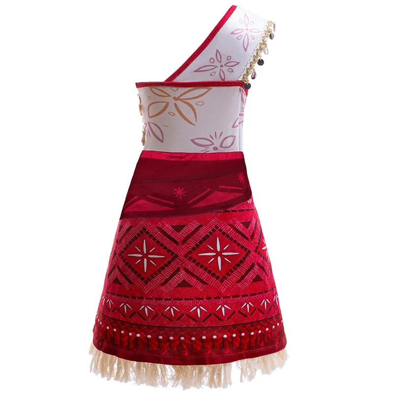 Kids princess costume dress side view with red patterned skirt and white bodice strap