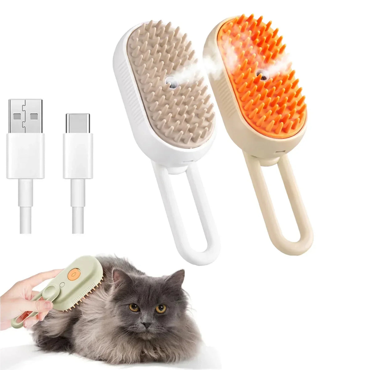Electric steam pet brush set with white and orange heads, includes charging cable