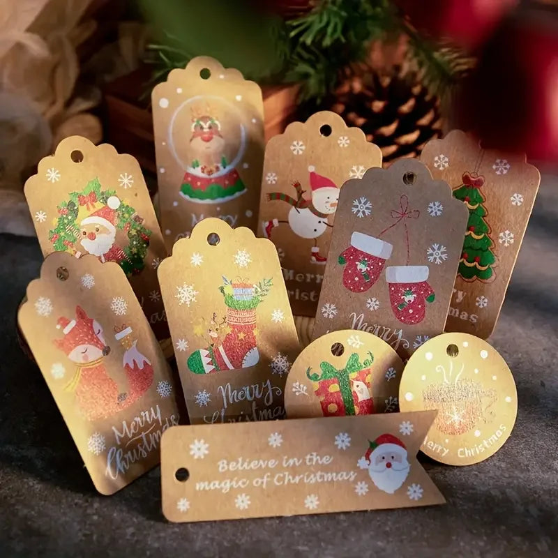 Assorted kraft Christmas gift tags with hanging holes and colorful holiday characters