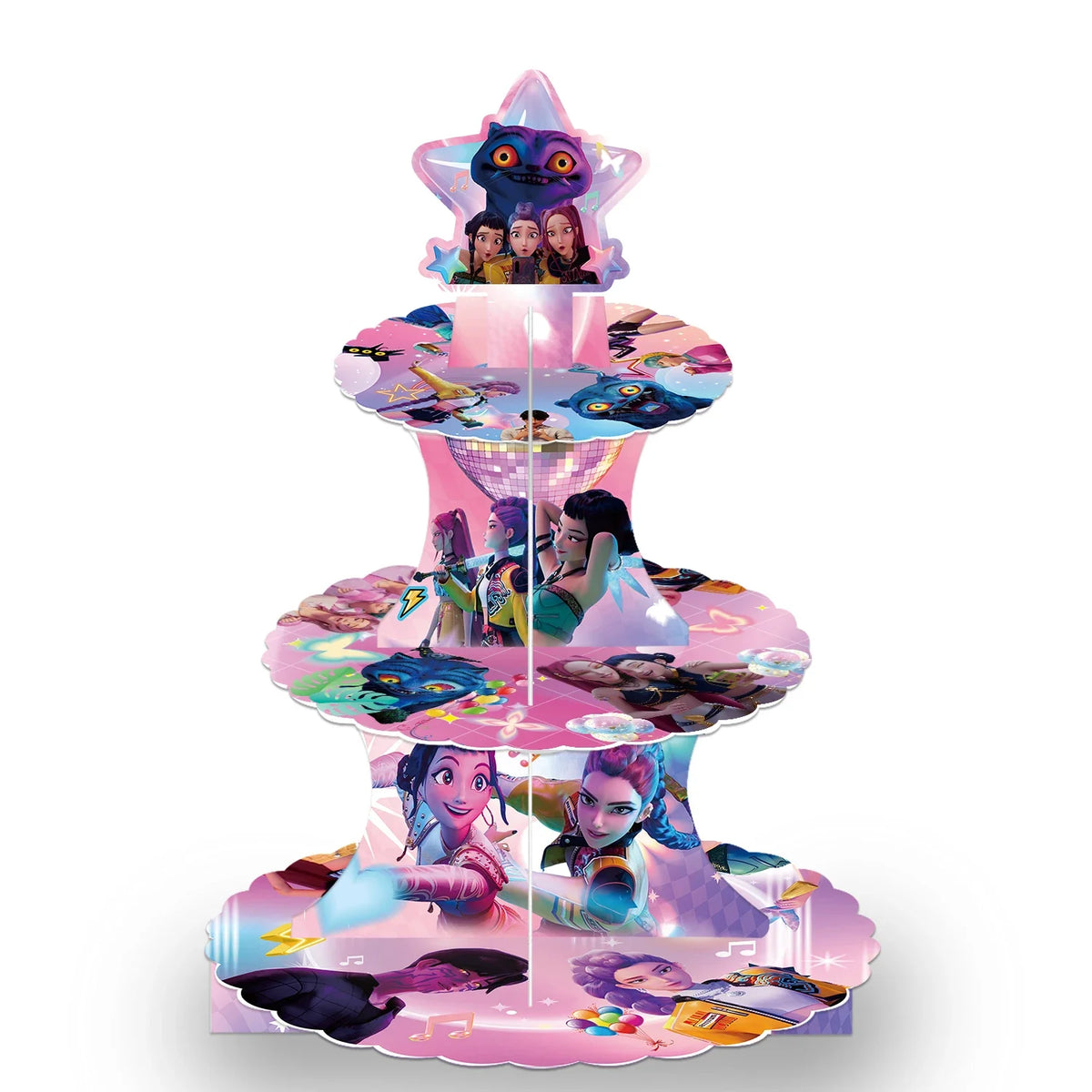 Three-tier star-shaped dessert stand featuring character collage and star topper