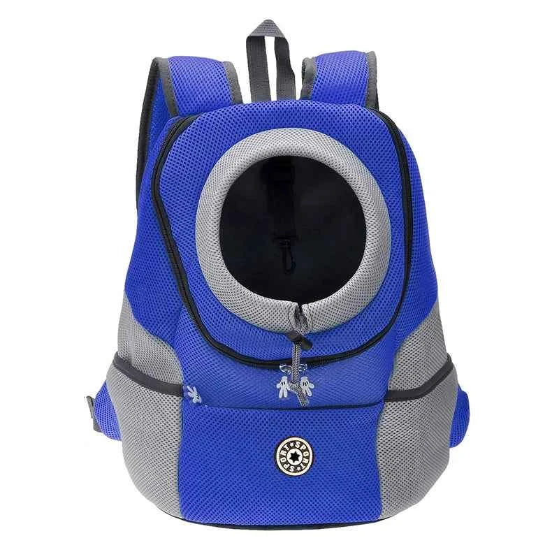 Blue and gray breathable pet carrier backpack with circular mesh window and zip opening