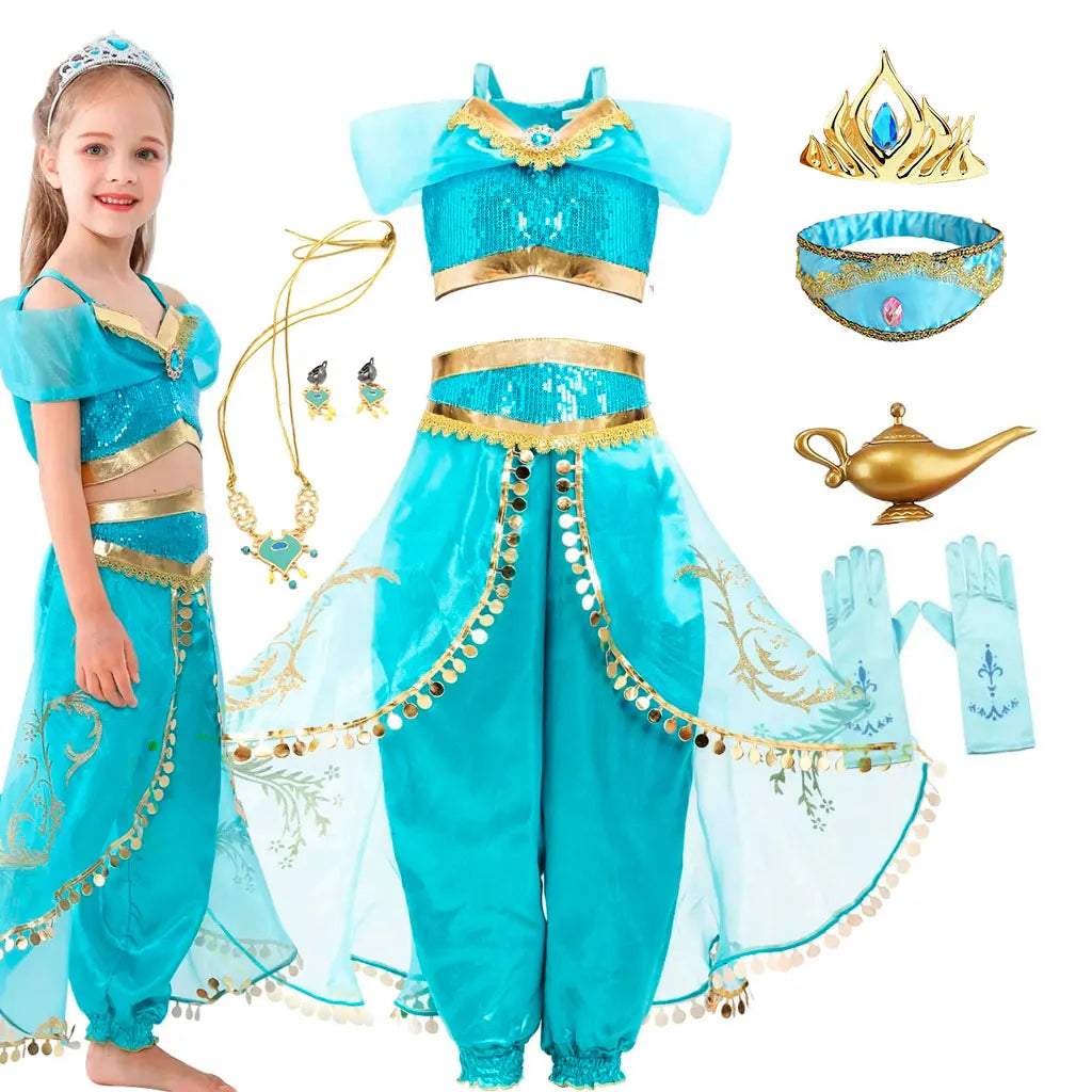 Turquoise sequin princess cosplay outfit with gold trim, layered white panels, and accessories