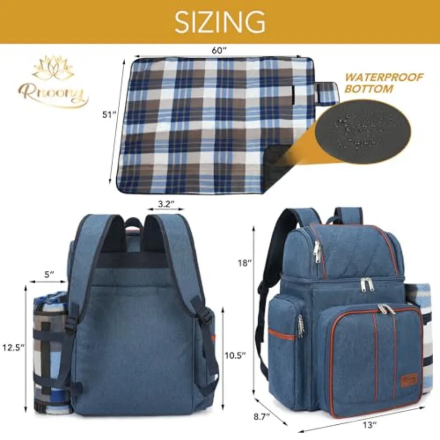 Blue picnic backpack cooler bag with front straps and removable plaid bottom panel