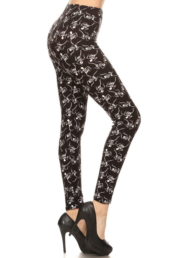 Black brushed ankle leggings with white skeleton print