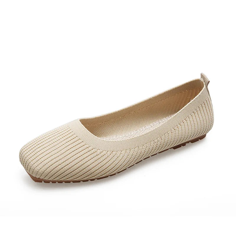 Beige knitted flat slip-on shoes, square toe, breathable upper, low rubber sole.