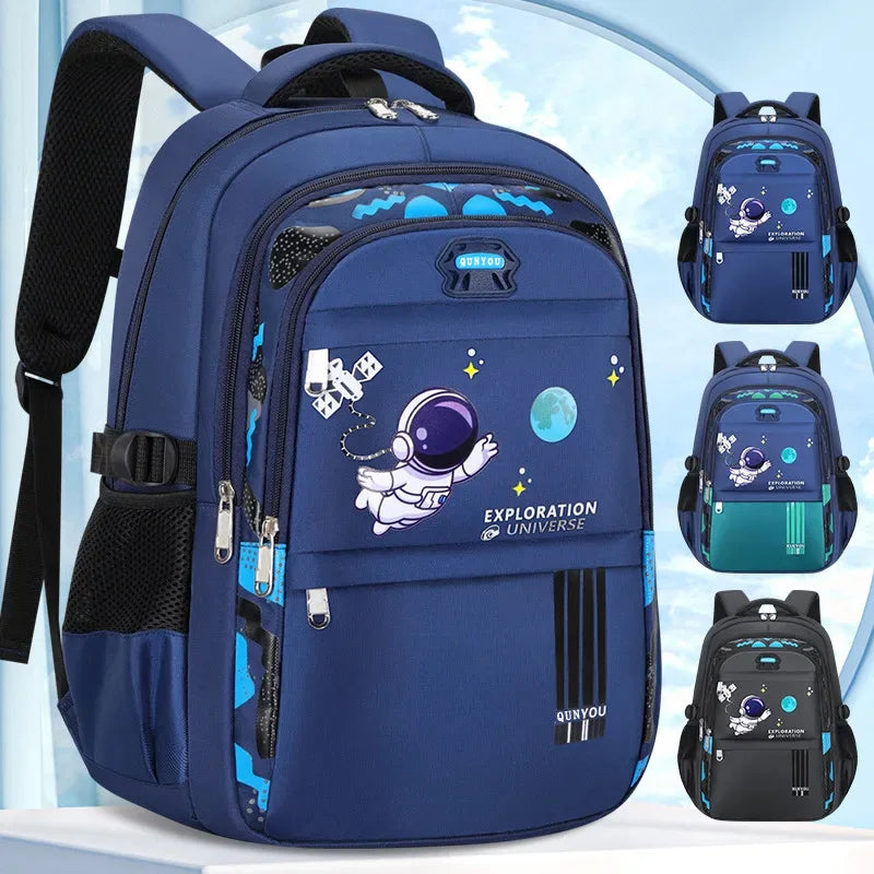 Kids astronaut backpack set in navy blue with matching small bags and front graphic