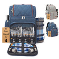 Blue picnic backpack cooler bag, open utensil/glass organizer with plaid roll-up mat
