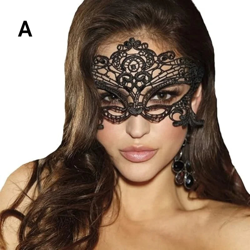 Black lace masquerade eye mask with central medallion and lace eye panels