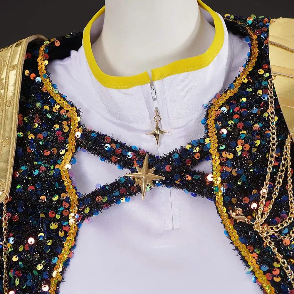 Close-up of kids queen cosplay sequined jacket and white crop top with star necklace