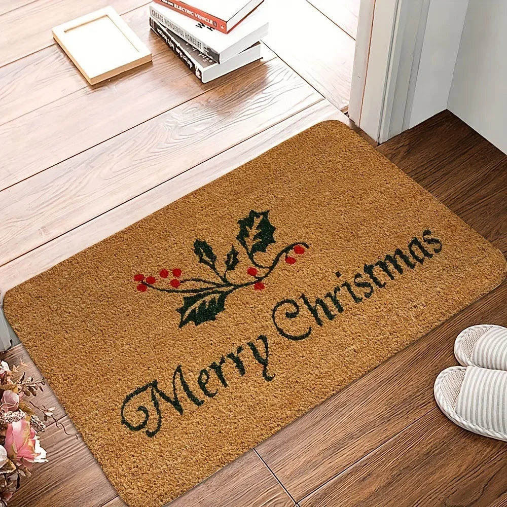 Brown coir doormat with holly leaves and 'Merry Christmas' lettering