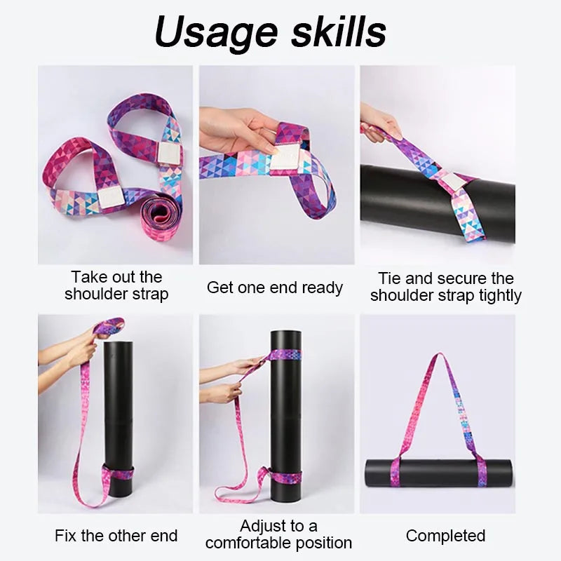 Pink-and-blue yoga mat shoulder strap shown securing a rolled mat