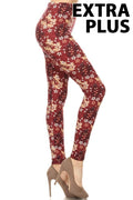 Plus size brushed ankle leggings in burgundy with light leaf print