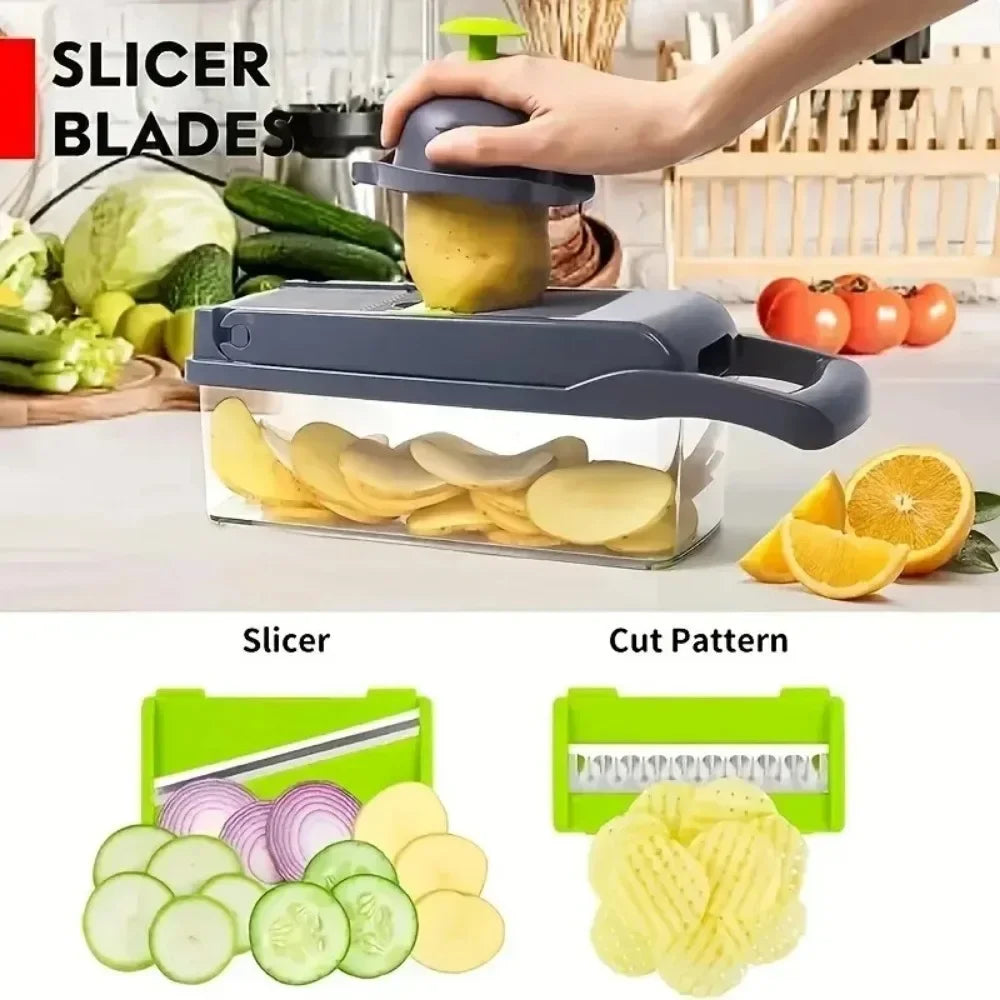 Vegetable chopper slicer with top handle and slicer blade, gray base on countertop