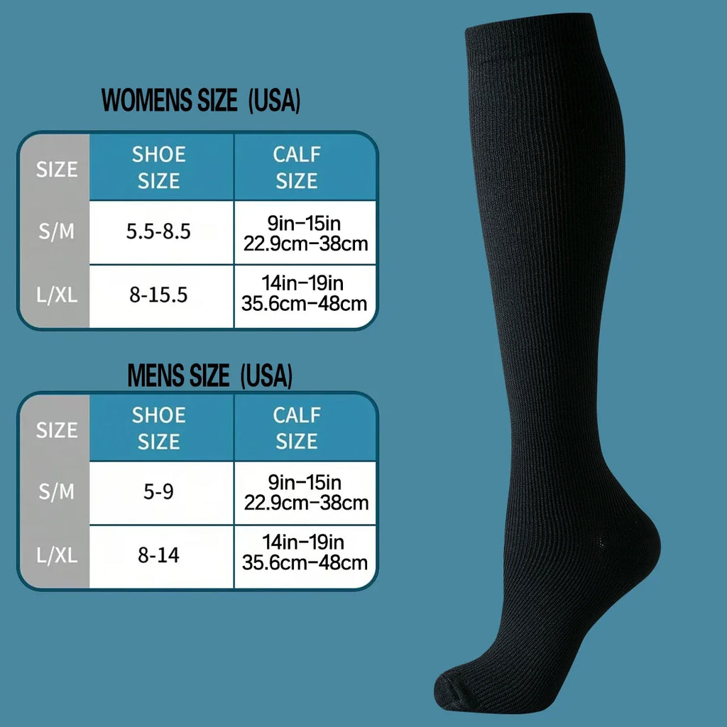 Dark knee-high compression sock, ribbed knit over-calf fit