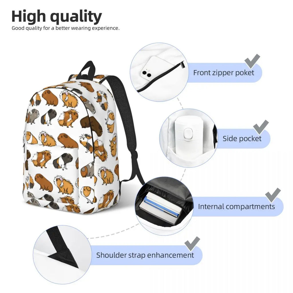 Guinea pig print backpack with front zipper pocket, side pocket, and inner compartments