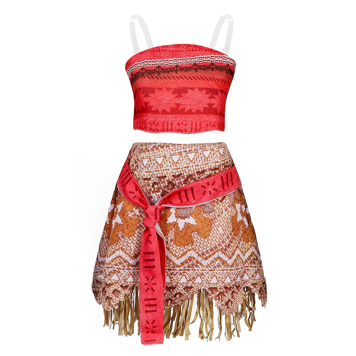 Girls princess dress costume front view: red crop top and patterned fringe skirt with red tie