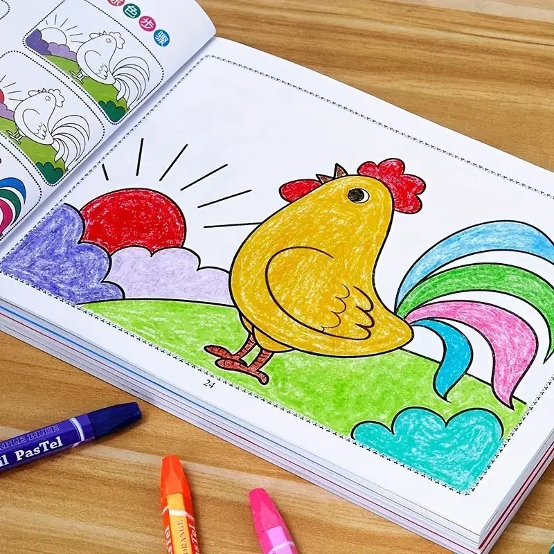 Kids coloring book open page with yellow bird on grass, clouds, and rainbow outlines