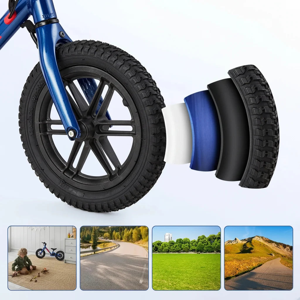 Kids balance bike wheel and front fender, blue frame, black knobby air tires