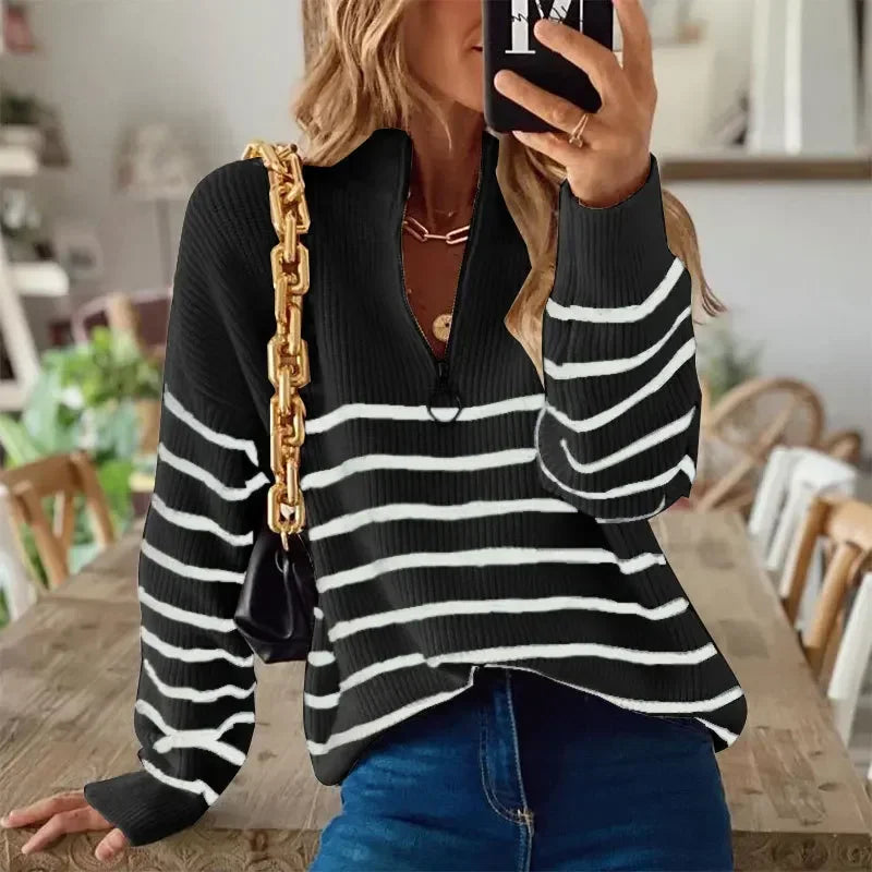 Women's O-neck striped knit sweater, black with white horizontal stripe pattern
