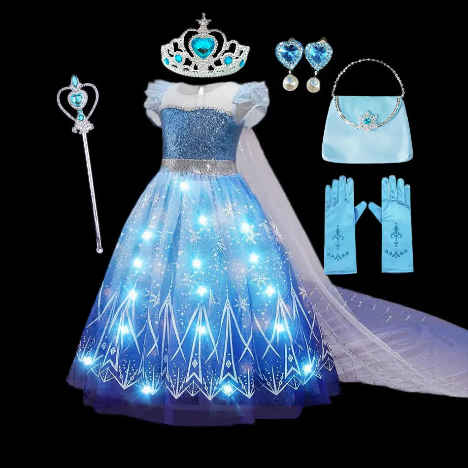 Blue LED princess dress with glitter yoke, light-up skirt, tiara and gloves set