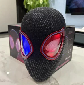 Black electronic face mask with blue and pink glowing eye accents