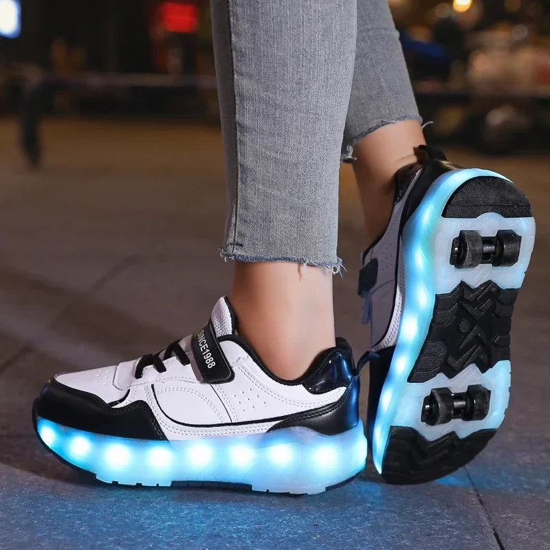 Black and white LED roller sneakers with blue LED strip and glowing wheel lights, side view