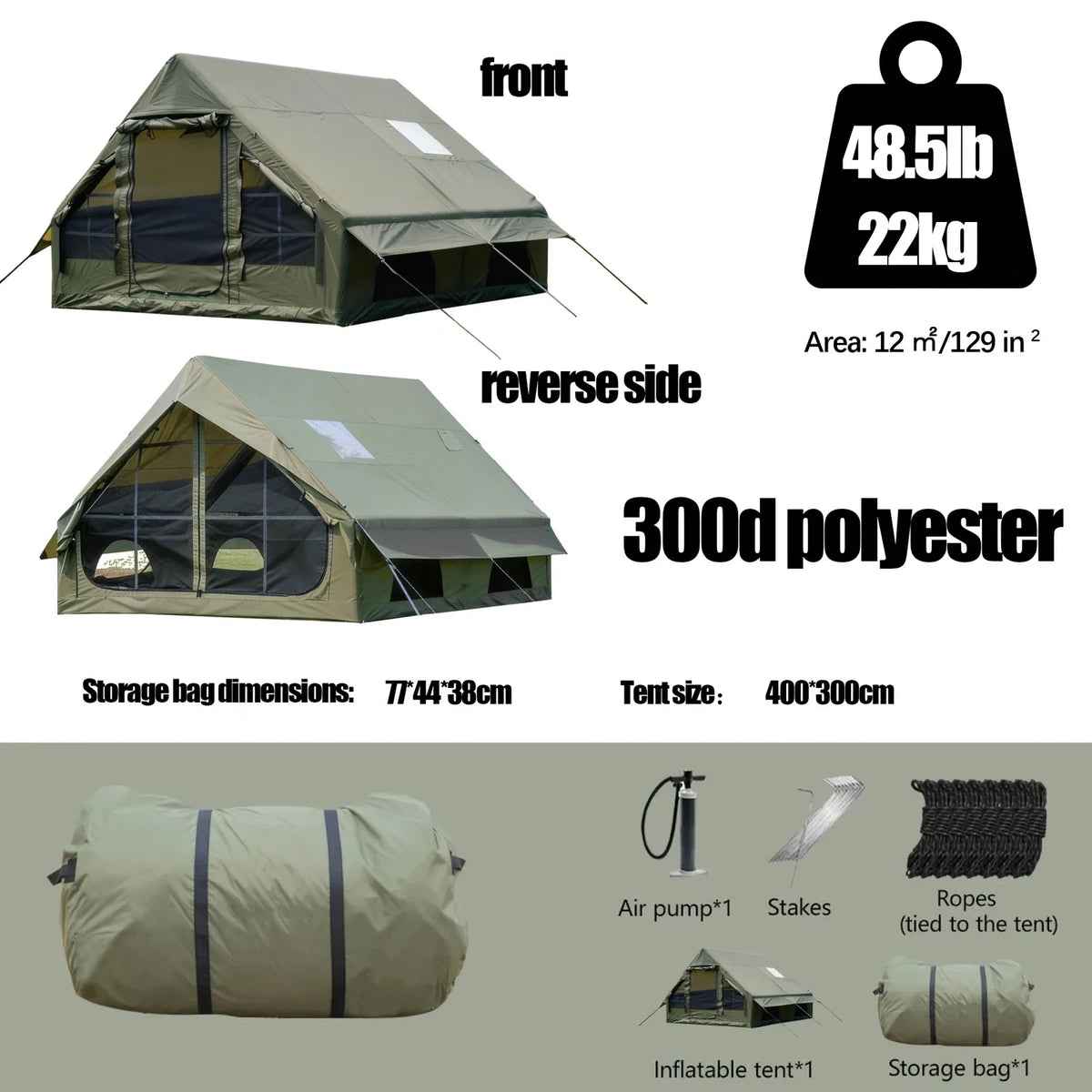 Green inflatable camping tent with front mesh door, rainfly cover, and stakes and pump included