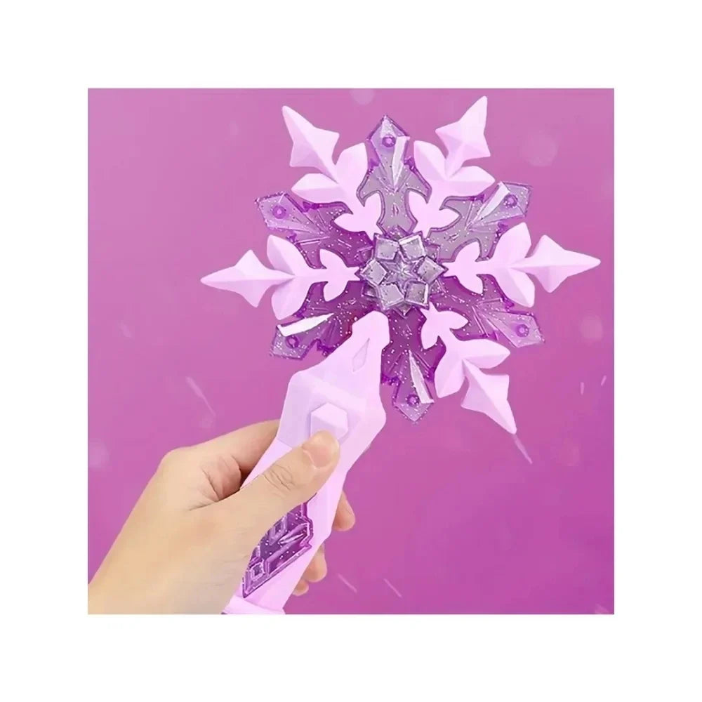 Purple glitter snowflake light sound wand on a pink background, hand-ready white stick
