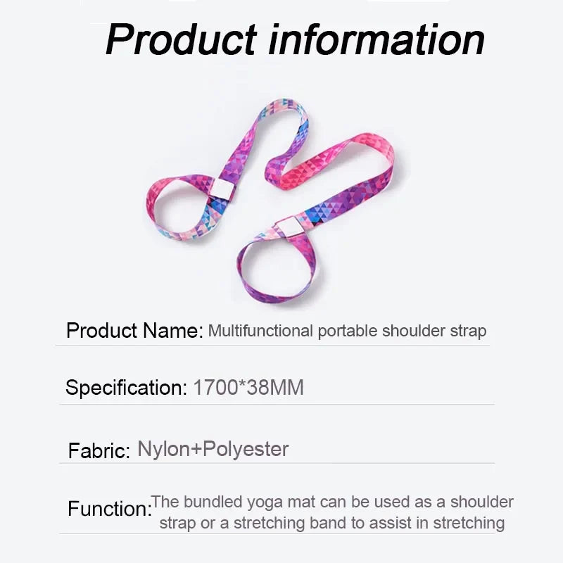 Pink and blue patterned yoga mat strap with two adjustable loops