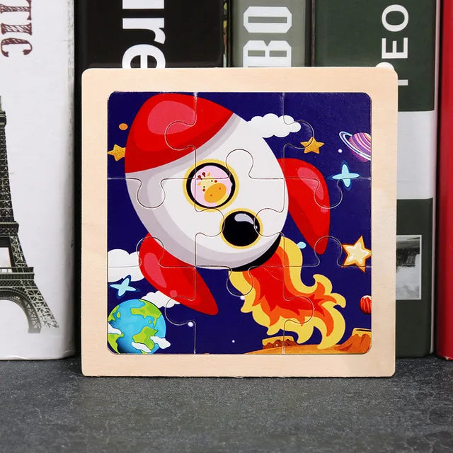 Kids wooden 3D tangram puzzle with red-and-white rocket and stars on jigsaw board