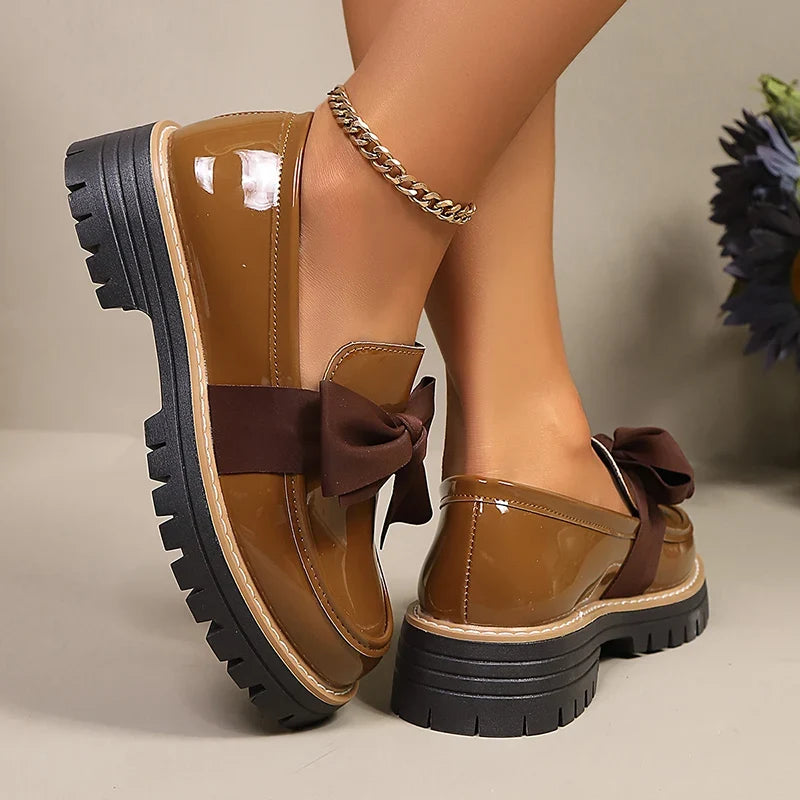 Brown patent loafers with bowknot, platform chunky sole, slip-on style